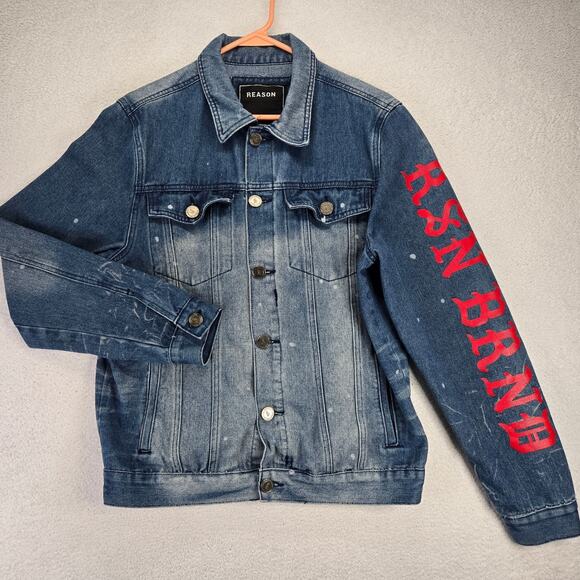 REASON Jean Jacket Mens Small Blue Hand Crafted Denim Button Up Cotton Pockets - Picture 1 of 14